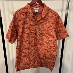 Columbia Fish Print Button-Up Shirt Orange Short Sleeve – Men’s Medium